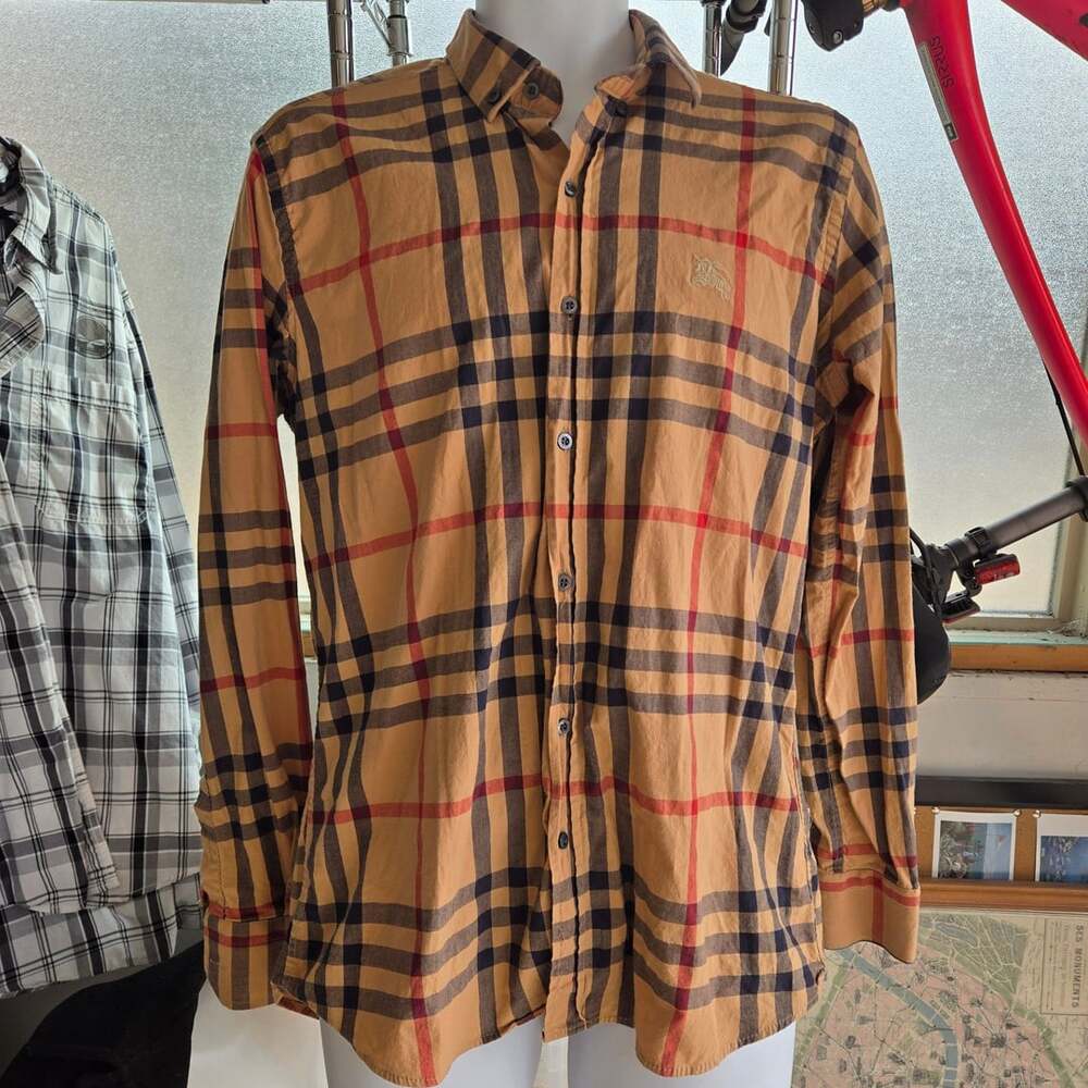 Burberry Plaid Long Sleeve Button Down Shirt Beige Nova Check